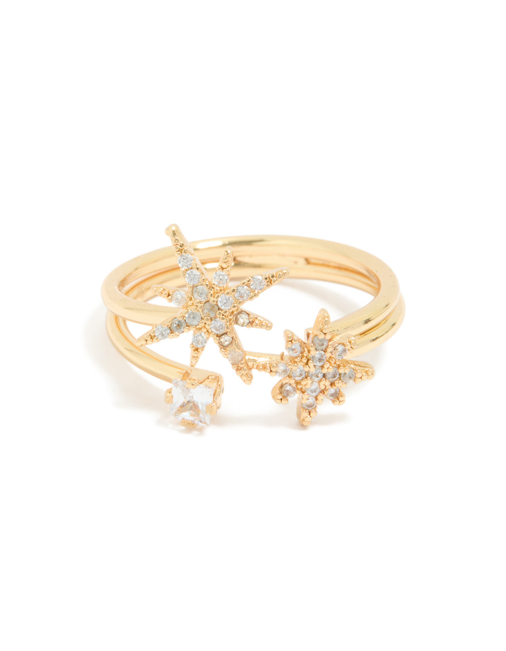 Gold plated celestial star diamante layered ring with statement design front view