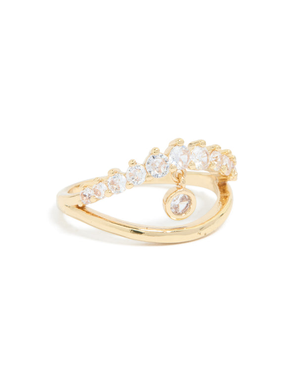 Elegant gold plated cubic zirconia split charm ring side detail view