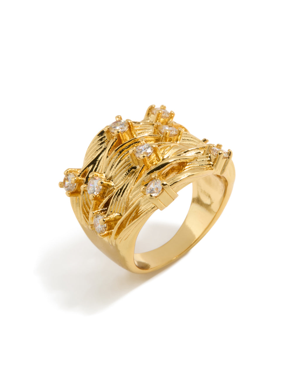 Crafted from gold plated material, this chunky lined ring features statement styling in side detail view