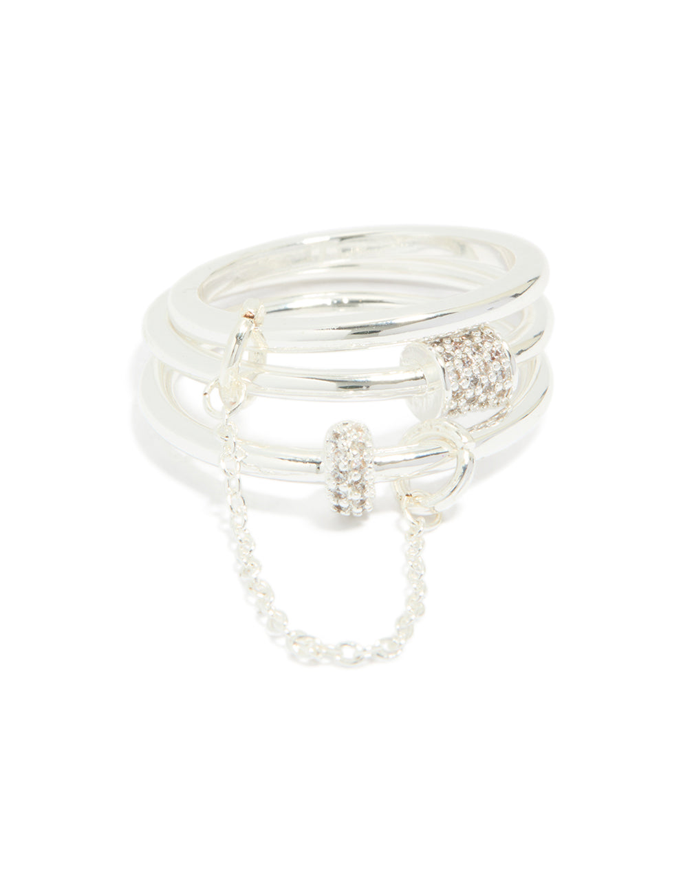 Designed with silver plated cubic zirconia loop linked stacking ring set featuring crystal close up view
