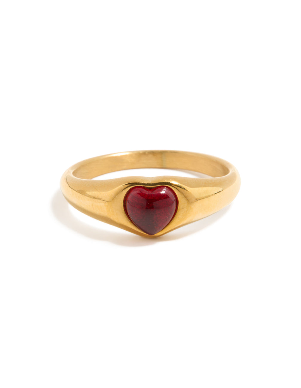 Elegant waterproof gold plated stainless steel petite heart ring in crimson front view