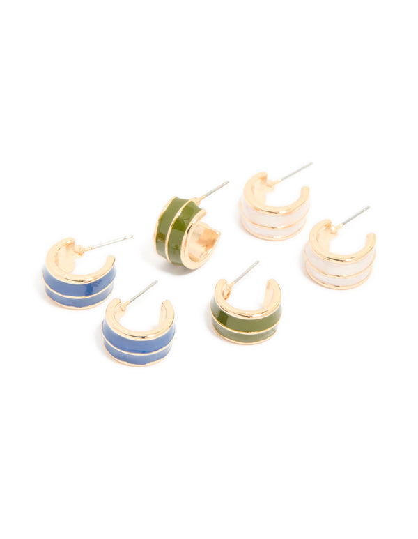 Gold Blue & Green Enamel Small Hoop Earrings 3-Pack