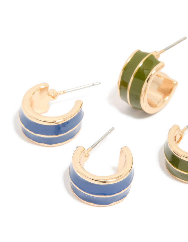 Gold Blue & Green Enamel Small Hoop Earrings 3-Pack