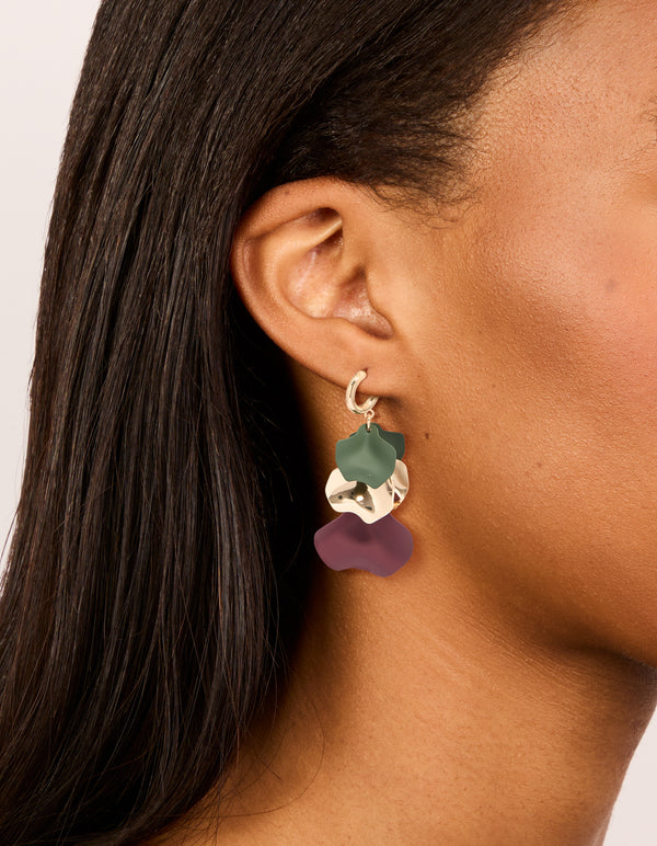 Gold Green & Purple Five Petal Drop Earrings