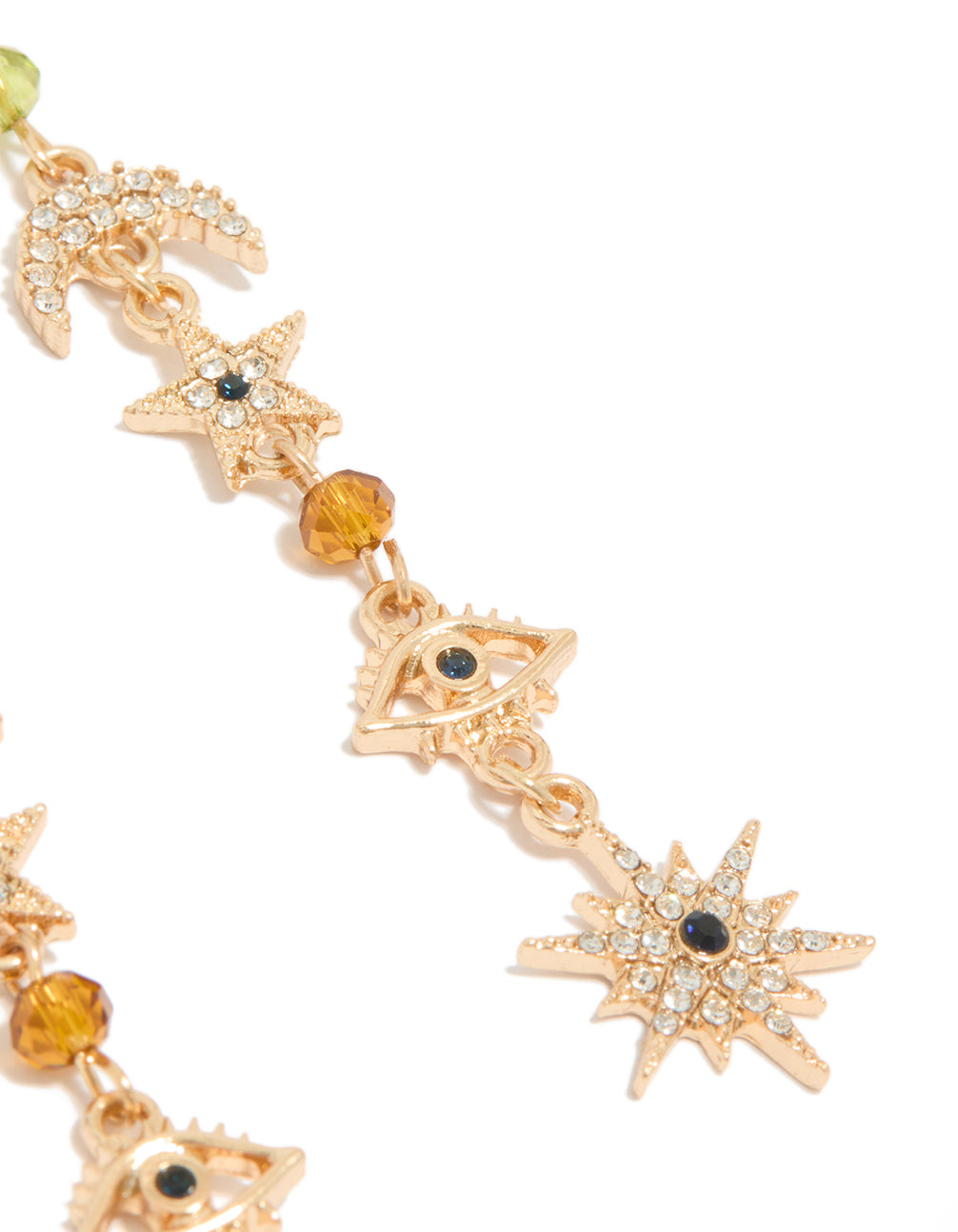 Designed with statement gold beaded and diamante celestial drop earrings featuring charm details and evil-eye elements post detail view