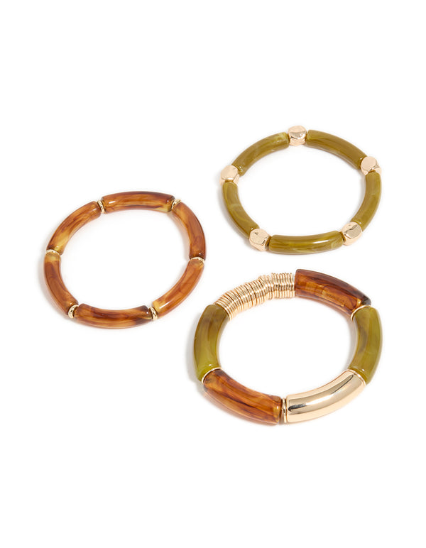 Featuring brown and green resin stretch in gold bracelets in a 3-pack in front view