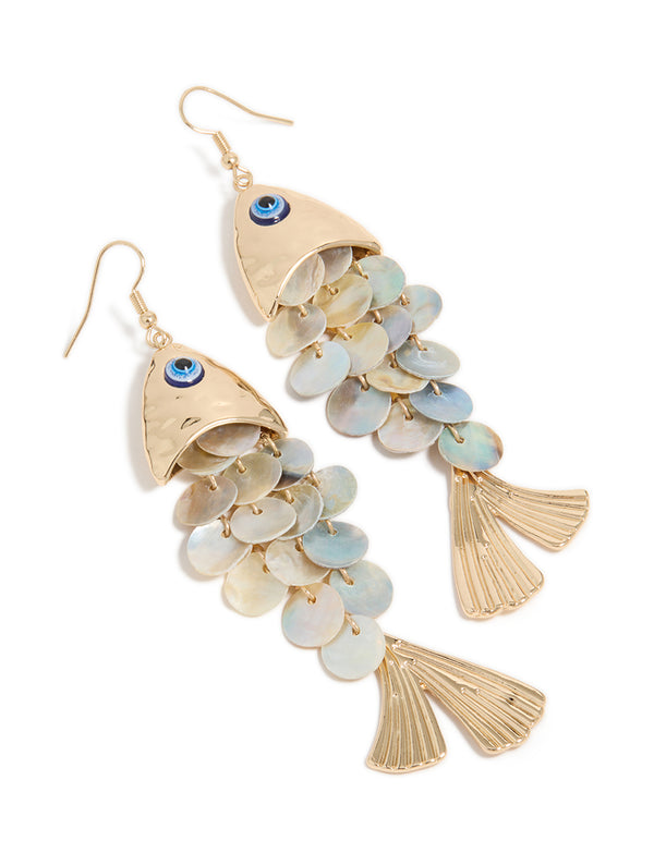 Crafted from gold, these evil eye fish drop earrings feature animal and ocean inspired charms in a statement style front view
