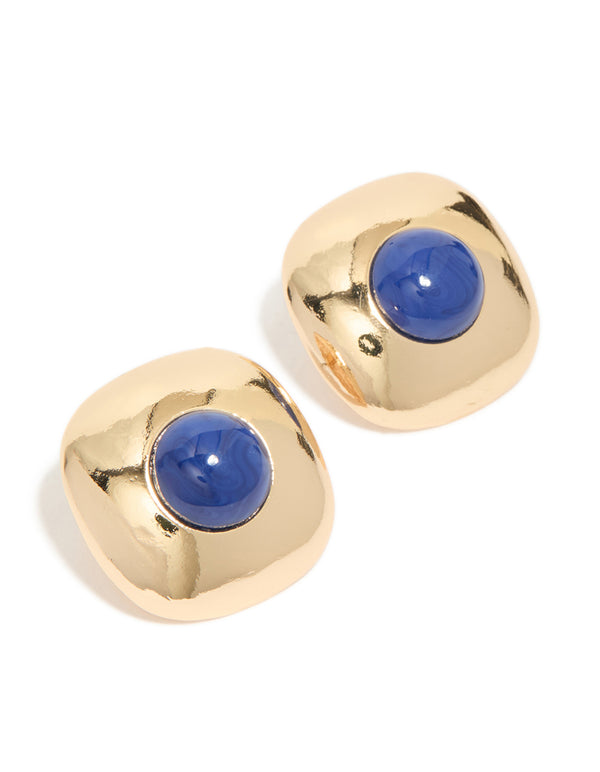 Crafted with gold and dark blue acrylic medallion these stud earrings in statement style with a front view