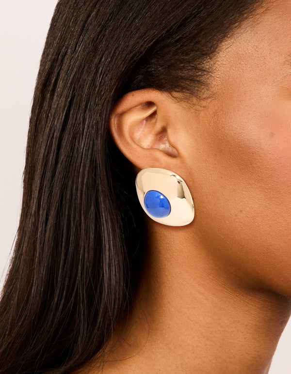Gold Dark Blue Acrylic Medallion Stud Earrings