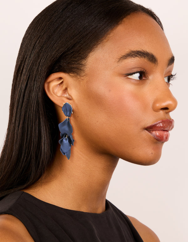Navy Blue Coated Metal Flower Petal Drop Earrings