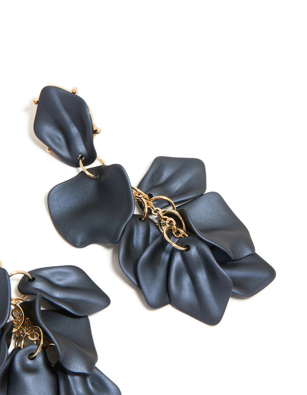 Navy Blue Coated Metal Flower Petal Drop Earrings