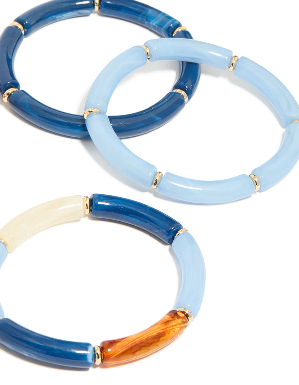 Gold Long Blue & Orange Acrylic Stretch Bracelets 5-Pack