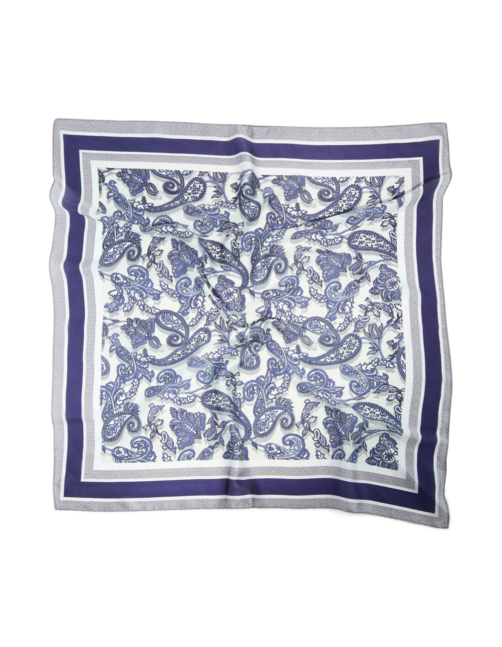 Elegant white and blue fabric scarf featuring paisley print in royal blue, front view