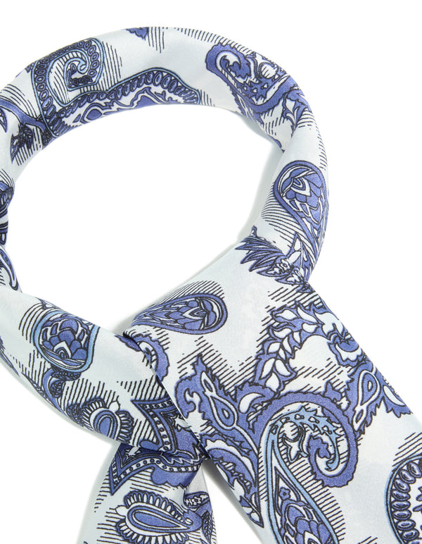Crafted white and blue fabric scarf with paisley print in royal detail view