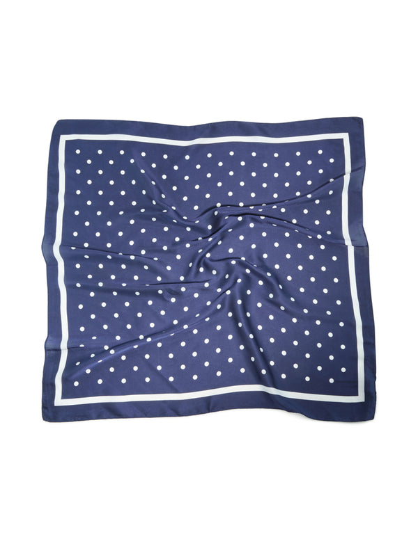 Featuring a navy and white polka dot fabric square bordered scarf front view