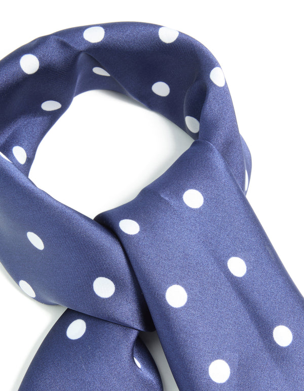 Crafted from navy and white polka dot fabric square bordered scarf detail view