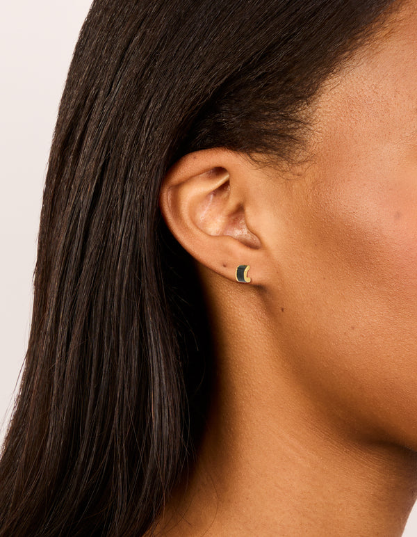 Gold Plated Sterling Silver Tiny Black Enamel Stud Earrings