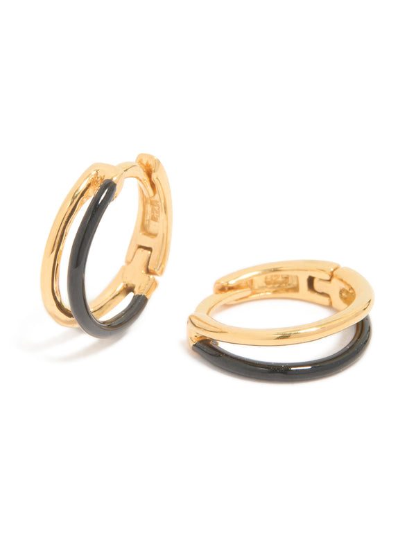 Showcasing gold plated sterling silver and black enamel double hoop earrings front view