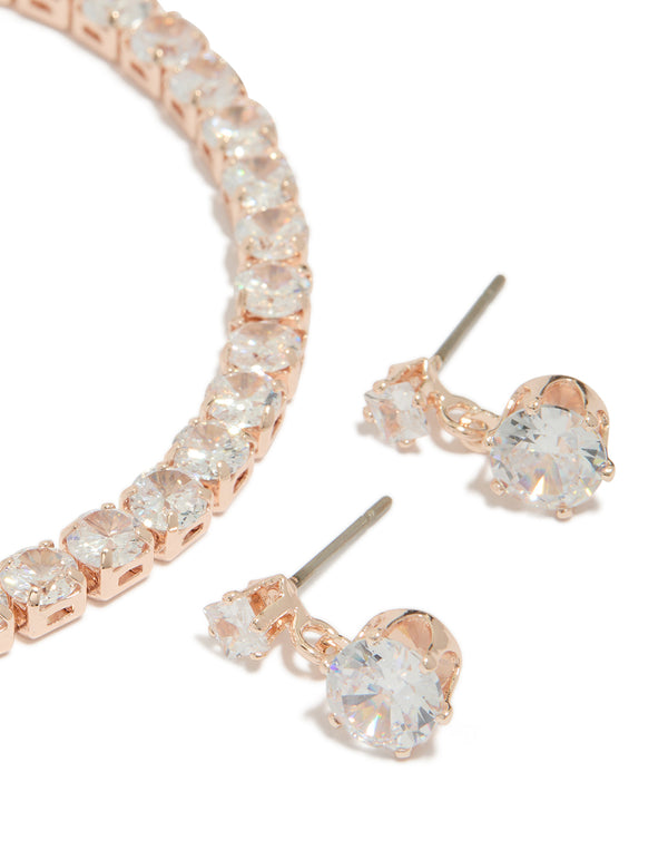 Rose Gold Plated Round Cubic Zirconia Drop Earrings & Tennis Bracelet Set