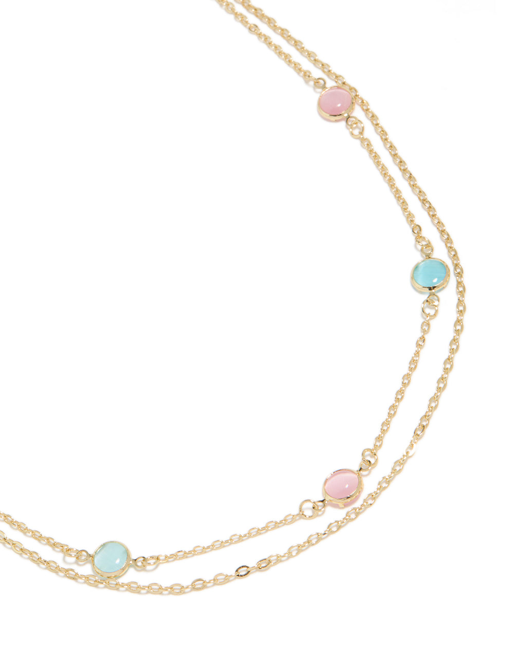 Elegant gold plated layered necklace featuring pink and blue stones details in a statement style close up view