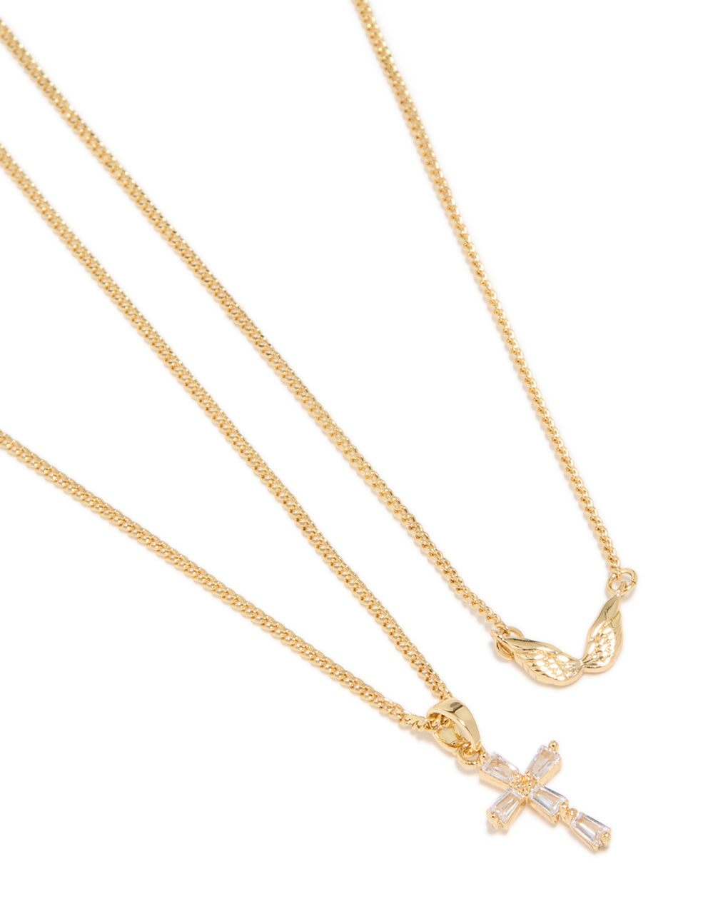 Showcasing angel wing and diamante cross necklaces in a 2-pack, crafted from gold plated material pendant feature close up view