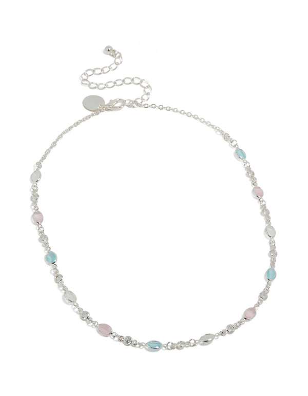 Elegant pink and blue cubic zirconia mixed oval necklace in silver plated metal front view