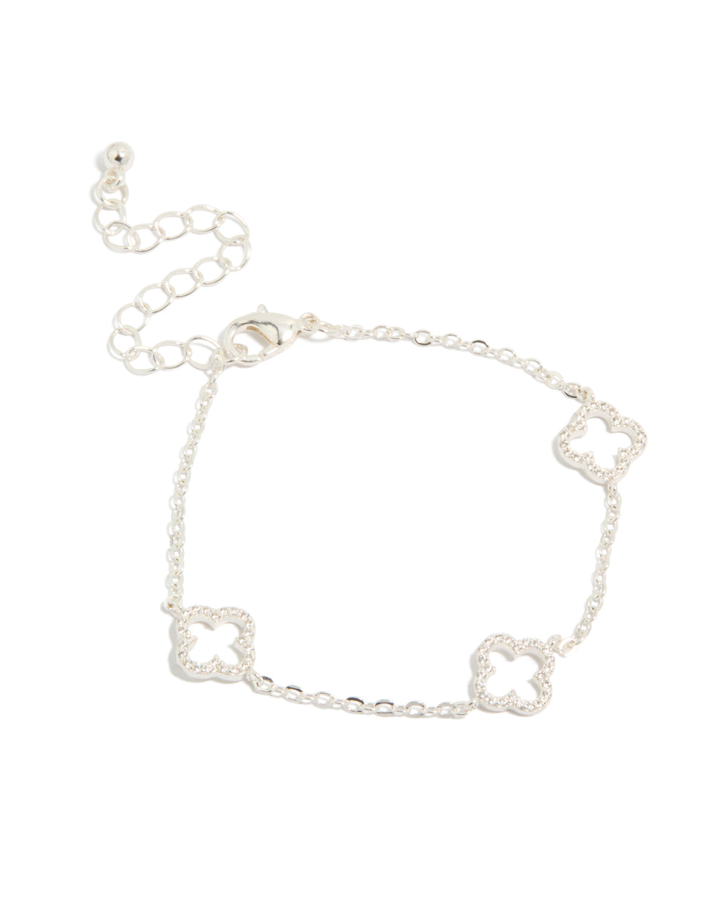 Elegant silver plated bracelet with cubic zirconia outline flower front view