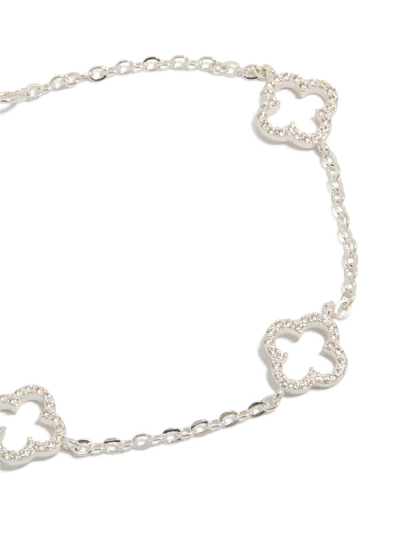 Designed with silver plated cubic zirconia outline flower bracelet close up view