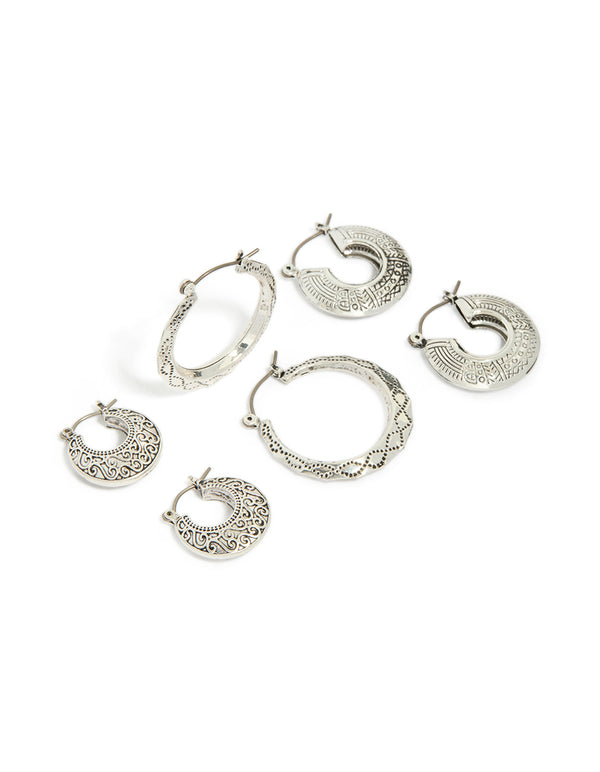 Antique Silver Textured Edged Hoop Earrings 3-Pack