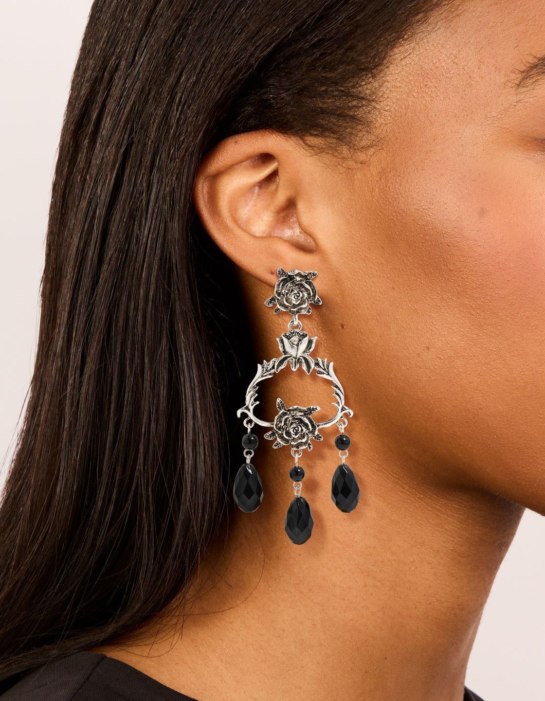 Silver Rose & Black Stones Drop Earrings