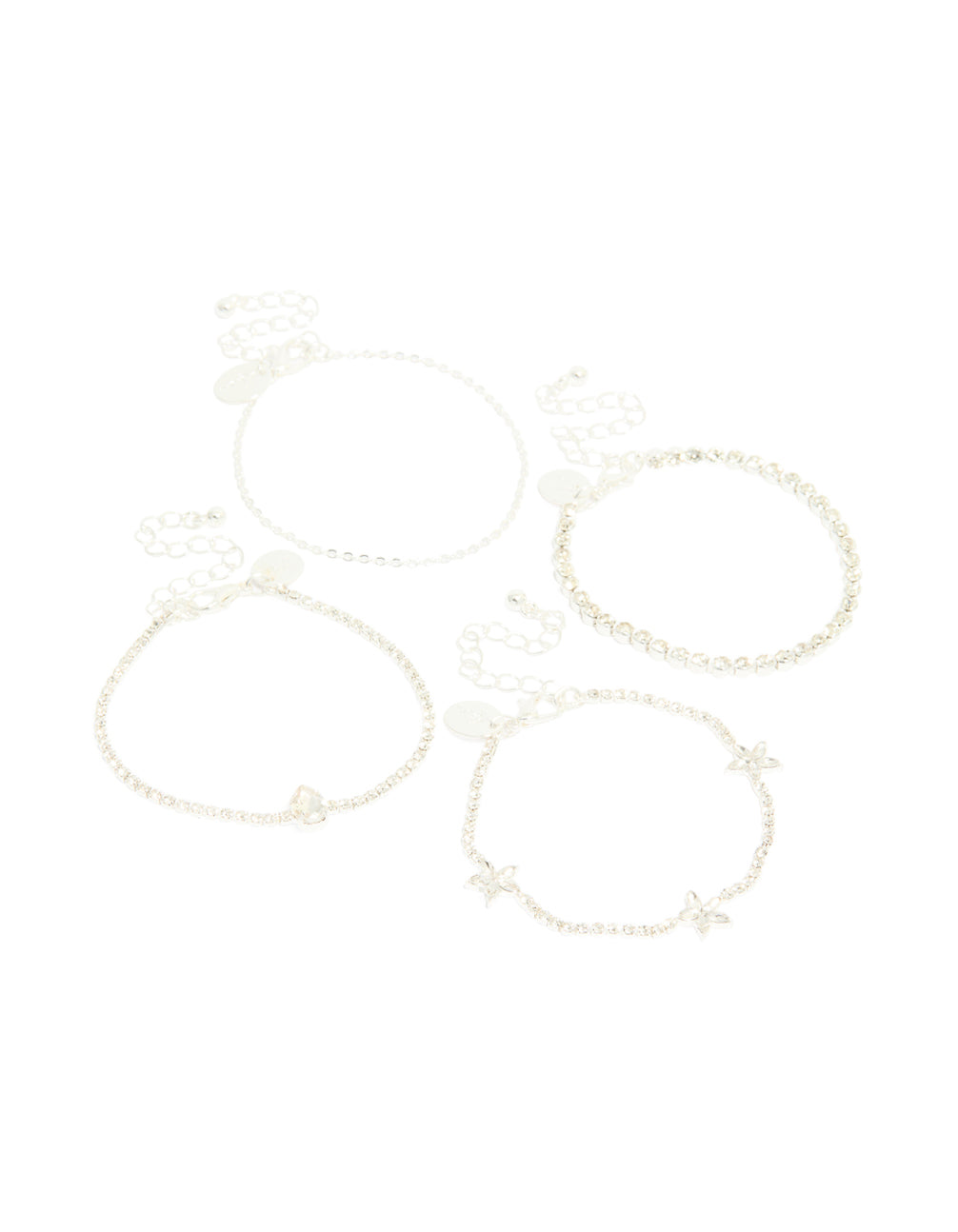 Silver Diamante Flower & Chain Bracelets 4-Pack