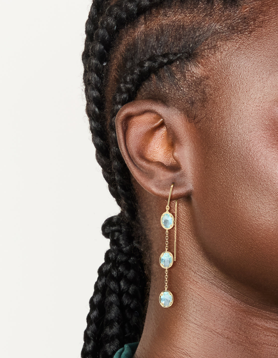 Gold Plated Aqua Cubic Zirconia Thread Through Earrings