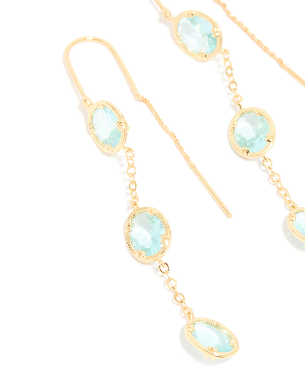 Gold Plated Aqua Cubic Zirconia Thread Through Earrings