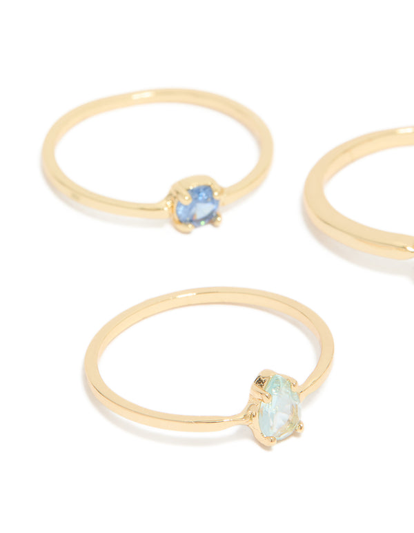 Gold Plated Blue Cubic Zirconia & Bubble Rings 5-Pack