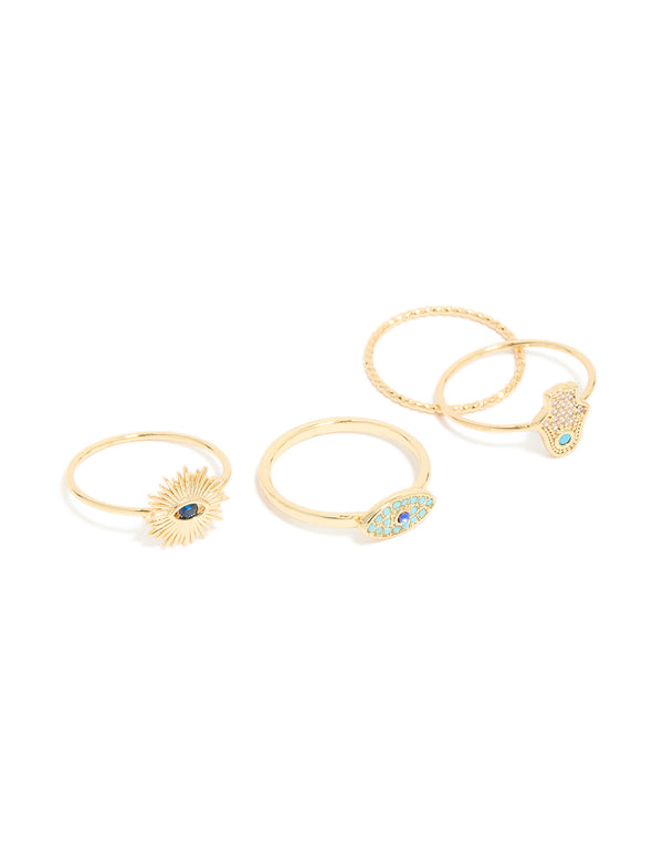 Gold Plated Cubic Zirconia Evil Eye & Hamsa Hand Rings 4-Pack