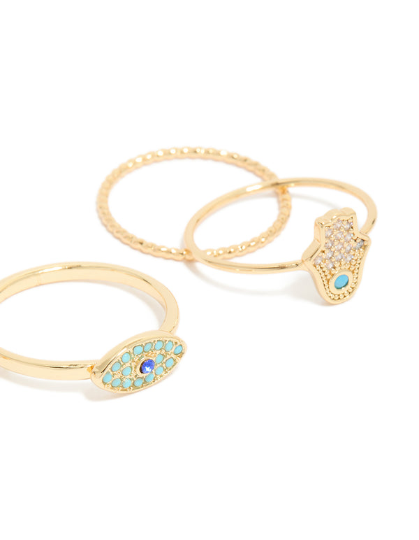 Gold Plated Cubic Zirconia Evil Eye & Hamsa Hand Rings 4-Pack