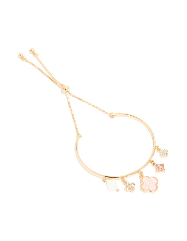 Gold Pink Flowers Charm Toggle Bangle