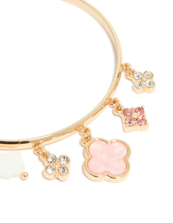 Gold Pink Flowers Charm Toggle Bangle