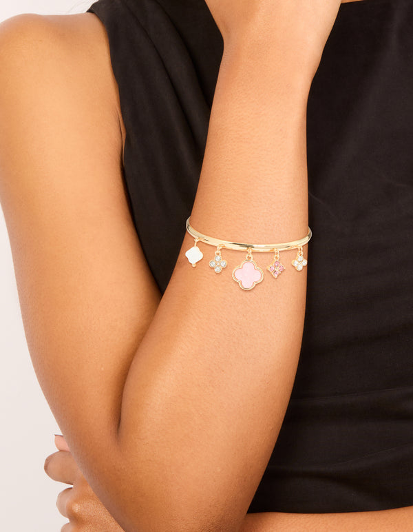 Gold Pink Flowers Charm Toggle Bangle
