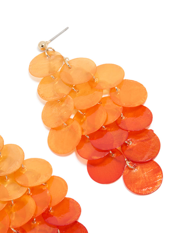 Highlighting orange genuine shell layered discs waterfall drop earrings with statement coral and peachpuff coloring post detail view