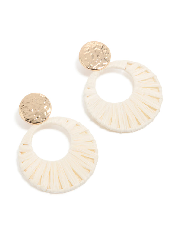 Gold White Raffia Paper Circle Drop Earrings
