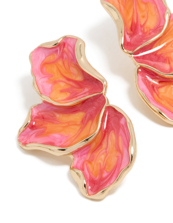 Gold Pink & Orange Enamel Small Half Flower Earrings