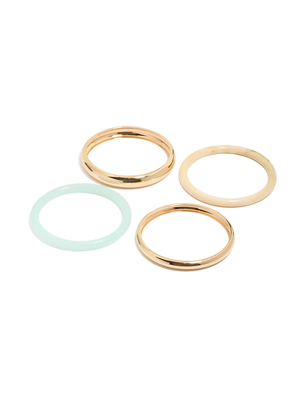 Featuring gold and blue acrylic stackable bangle bracelets in a 4-pack front view