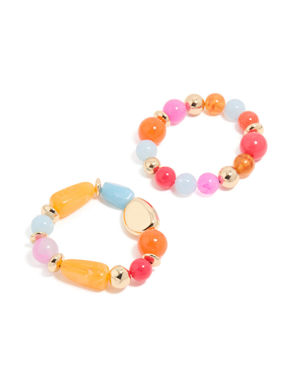 Featuring beaded stretch bracelets in a 2-pack with orange, pink, light blue, and gold tones front view