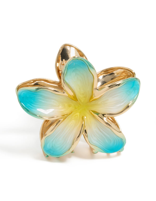 Gold Yellow & Blue Enamel Frangipani Flower Claw Clip