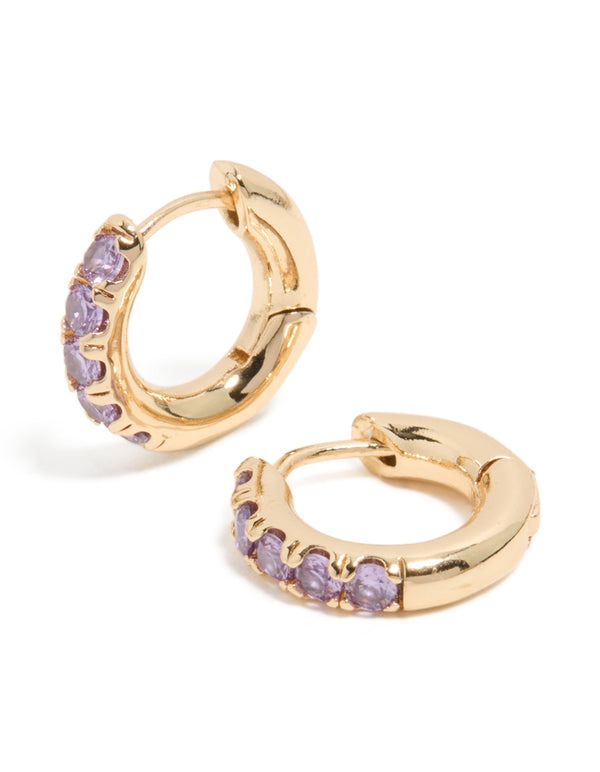 Gold Light Purple Cubic Zirconia Small Clicker Earrings