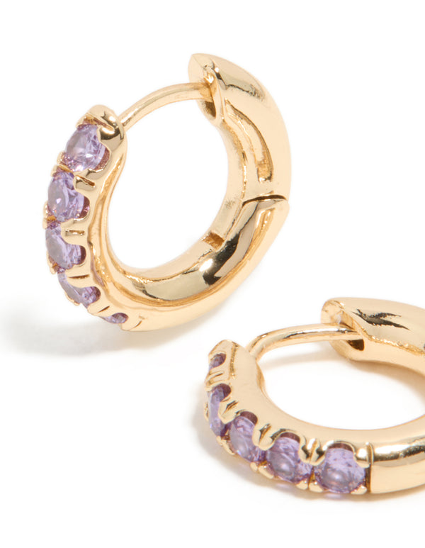 Gold Light Purple Cubic Zirconia Small Clicker Earrings