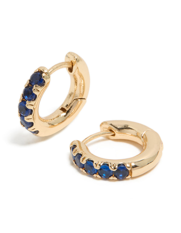Gold Dark Blue Cubic Zirconia Small Clicker Earrings