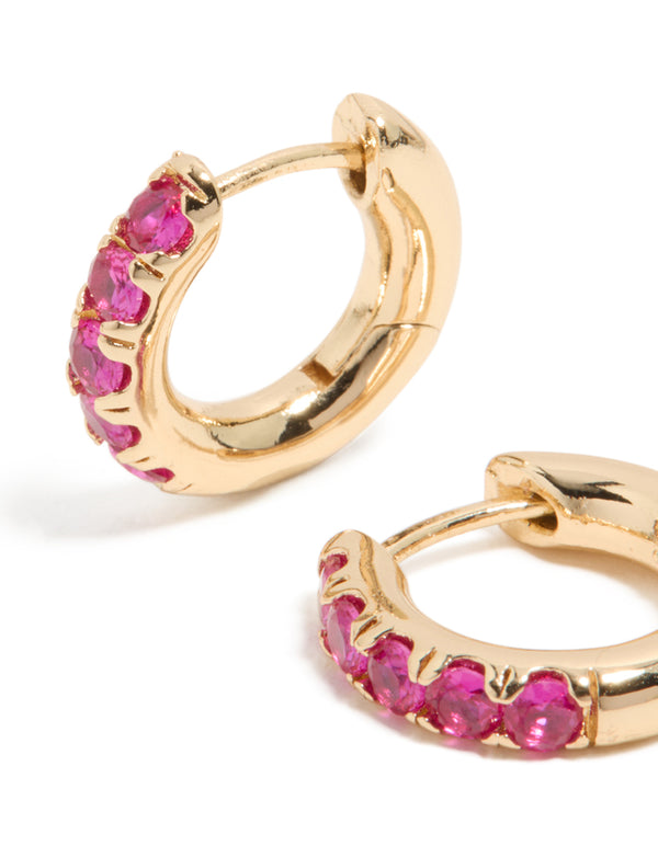 Gold Hot Pink Cubic Zirconia Small Clicker Earrings