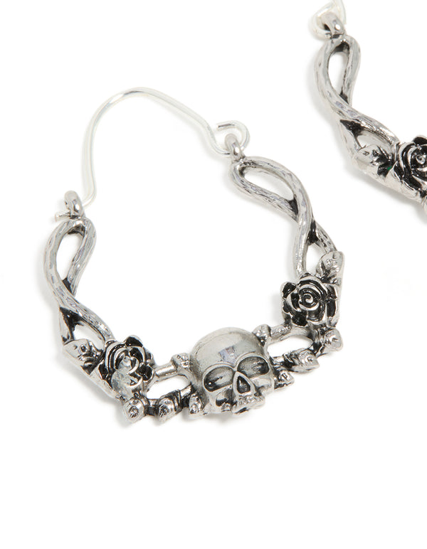 Silver Skull & Roses Hoop Earrings